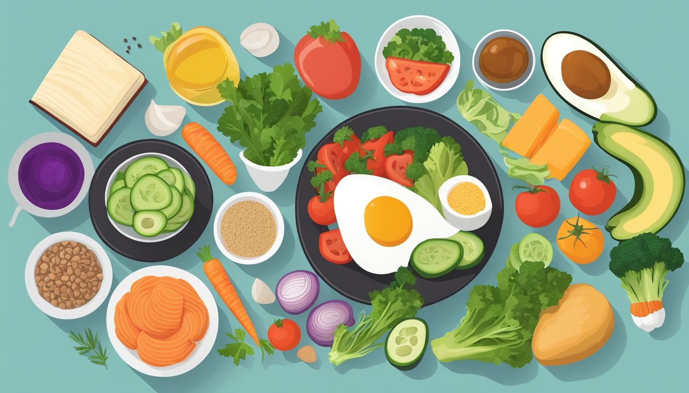 A colorful plate of keto-friendly foods with a focus on healthy fats and low-carb vegetables, surrounded by informational books and resources on Sjogren's syndrome