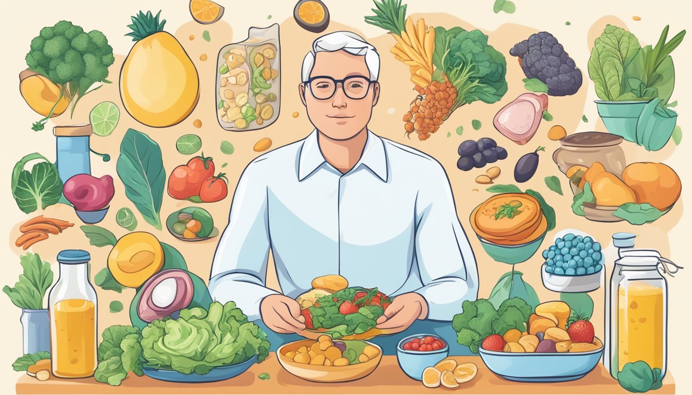 A colorful illustration of a person following a keto diet while managing symptoms of scleroderma, surrounded by healthy, low-carb food options and medical resources