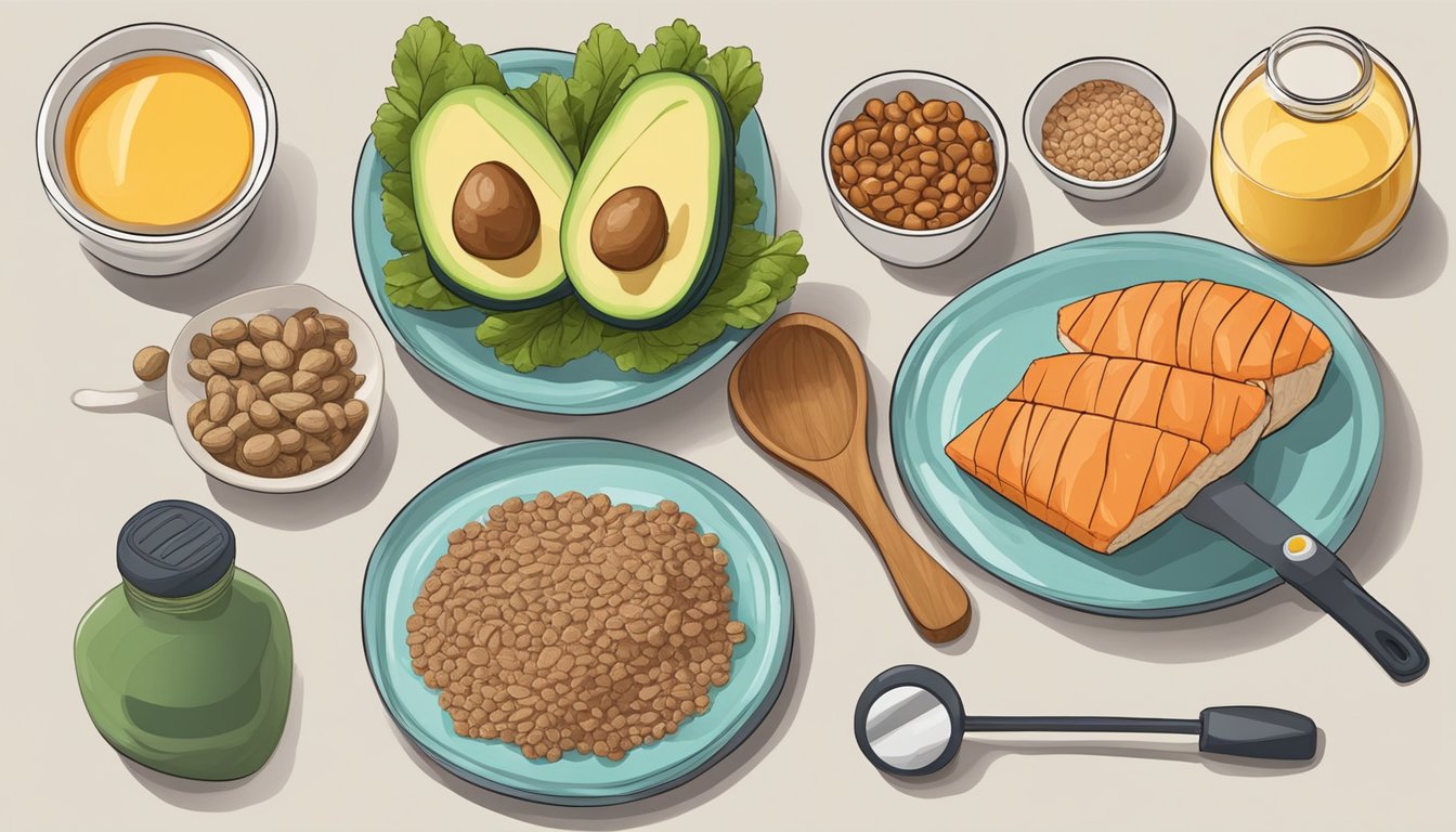 A table with keto-friendly foods and weightlifting equipment to illustrate the link between the ketogenic diet and sarcopenia