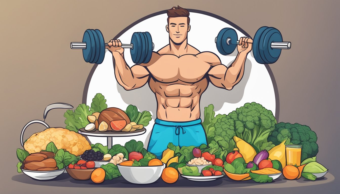 A muscular figure lifting weights with a plate of keto-friendly foods nearby, showcasing the potential benefits of the keto diet on muscle health