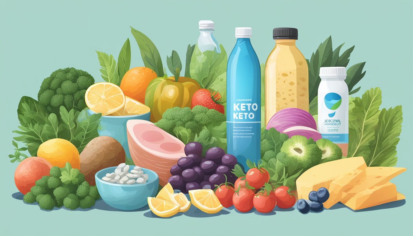 A colorful array of keto-friendly foods and supplements arranged around a bottle of water, with a focus on anti-inflammatory and hydrating options for Sjogren's syndrome