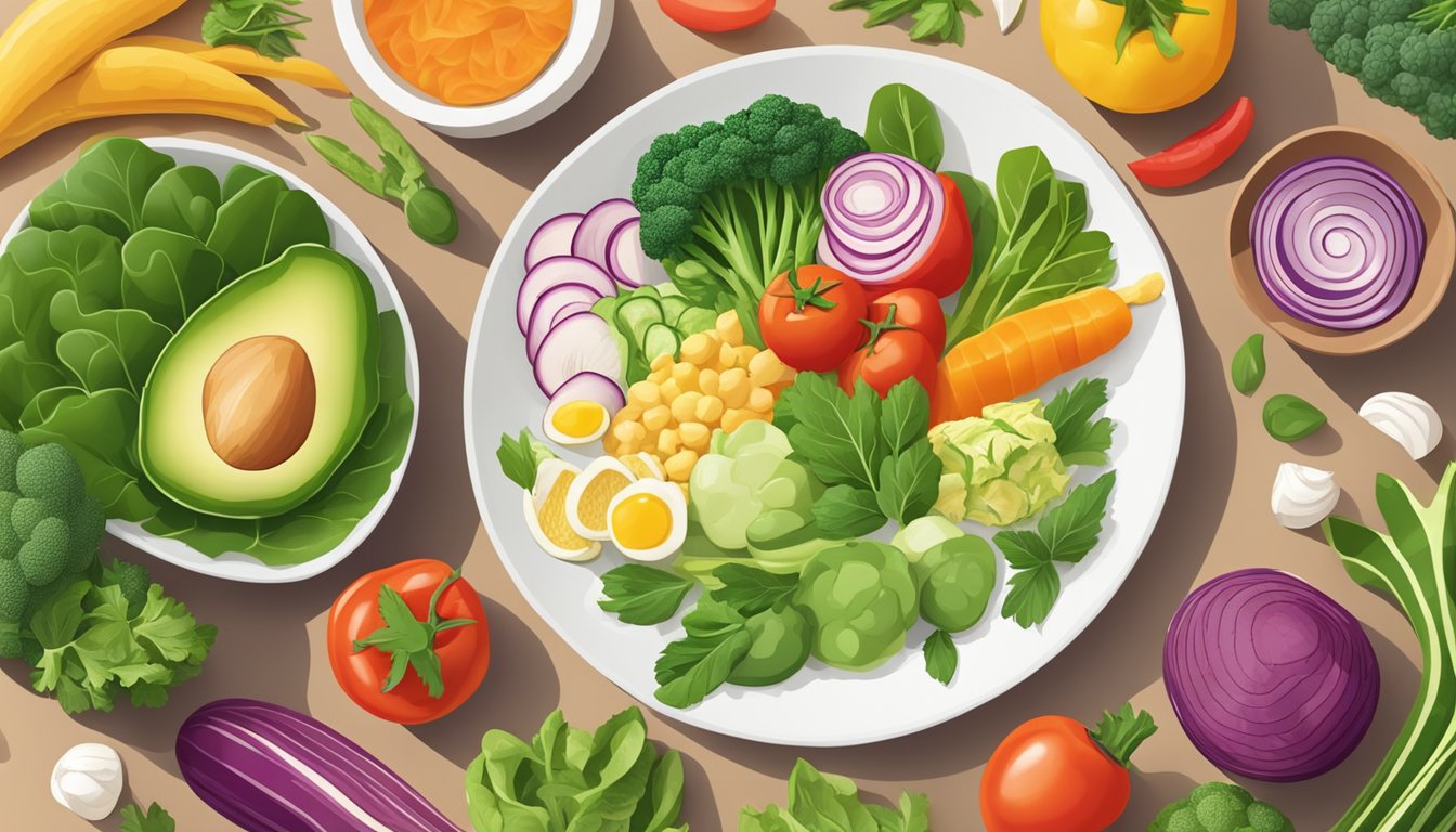 A colorful array of fresh vegetables and healthy fats arranged around a plate, with a keto-friendly meal being prepared in a bright, modern kitchen