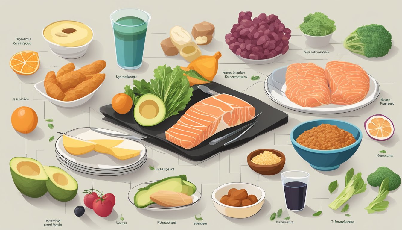 A table with various keto-friendly foods and a muscle tissue cross-section diagram