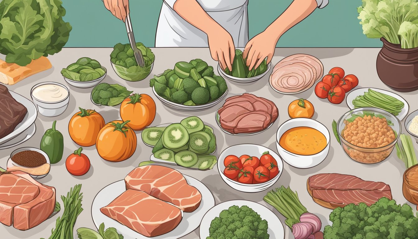 A person cooking keto-friendly meals while surrounded by fresh vegetables, lean meats, and healthy fats