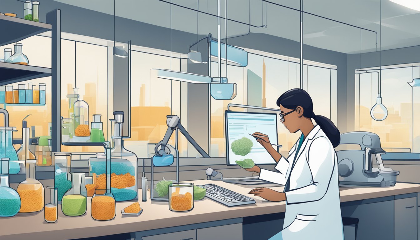 A laboratory setting with a researcher analyzing data on the effects of a keto diet on sarcopenia in a clinical trial