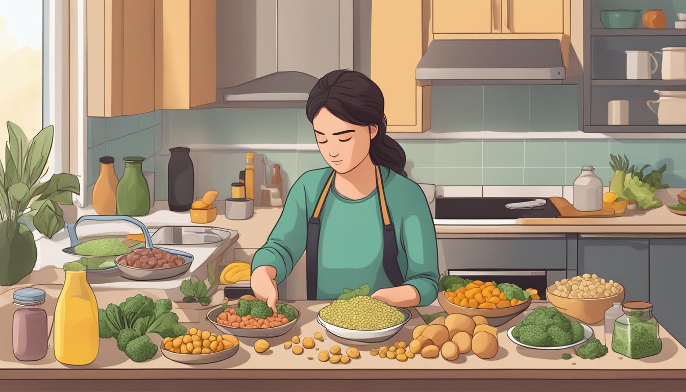 A person preparing keto-friendly meals while avoiding high-fat foods. A pile of gallstones sits in the background