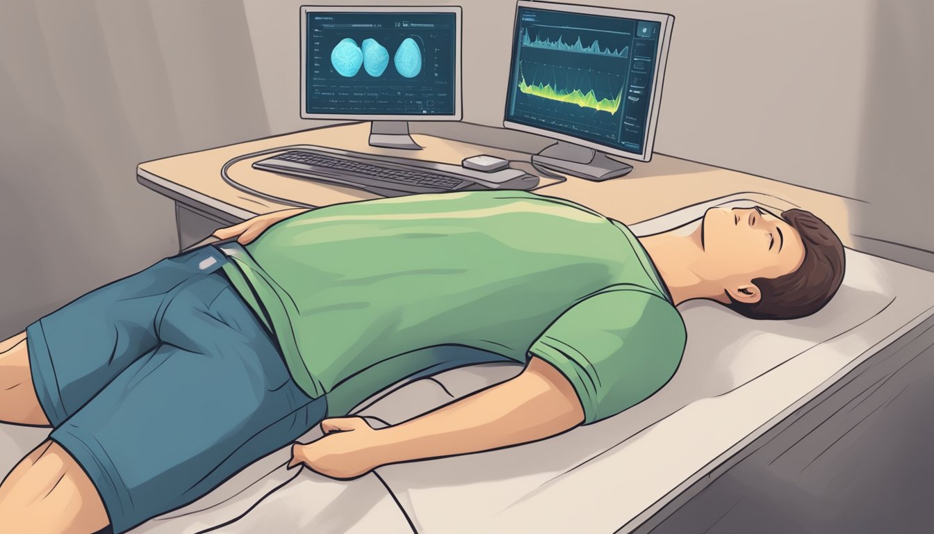 A person experiencing abdominal pain while following a keto diet, with a gallstone visible on an ultrasound scan