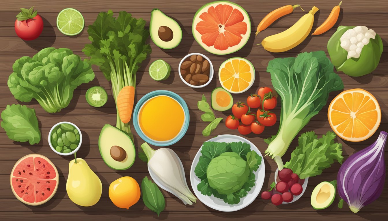 A colorful array of low FODMAP foods arranged on a wooden table, including leafy greens, lean proteins, and various fruits and vegetables