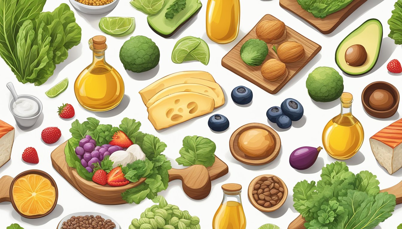 A colorful illustration of a diverse selection of keto-friendly foods arranged in a balanced and appealing manner, with a focus on healthy fats and fiber-rich options