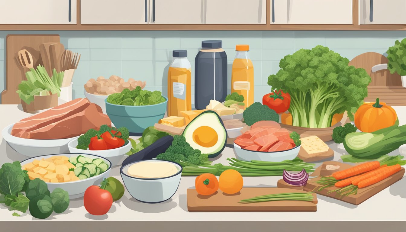 A kitchen counter with various low FODMAP and keto-friendly foods, including vegetables, meats, and dairy alternatives, arranged in an organized and visually appealing manner