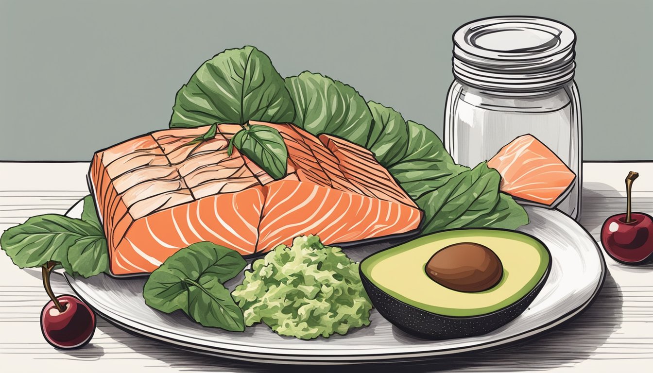 A colorful plate with keto-friendly foods like avocado, salmon, and leafy greens, next to a jar of cherries to represent gout