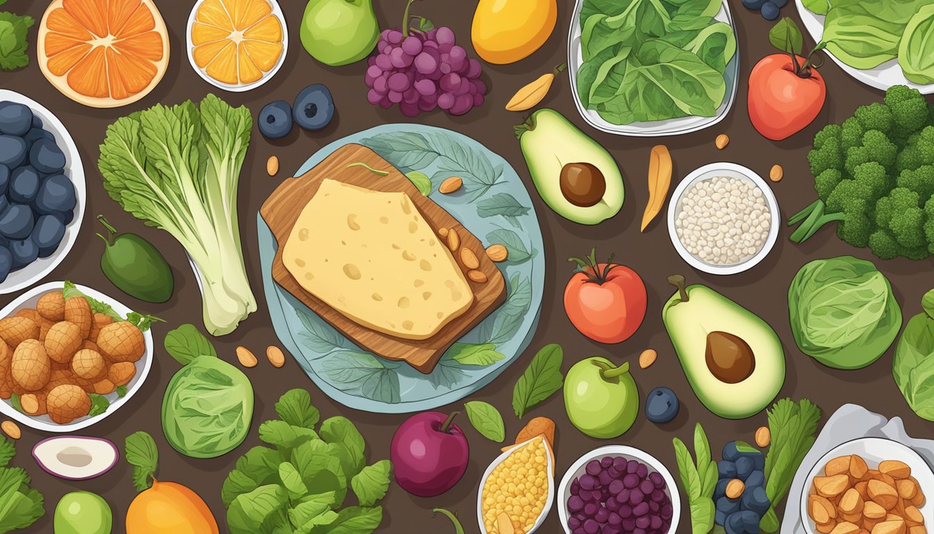 A table with a variety of keto-friendly and low FODMAP foods, surrounded by colorful fruits and vegetables