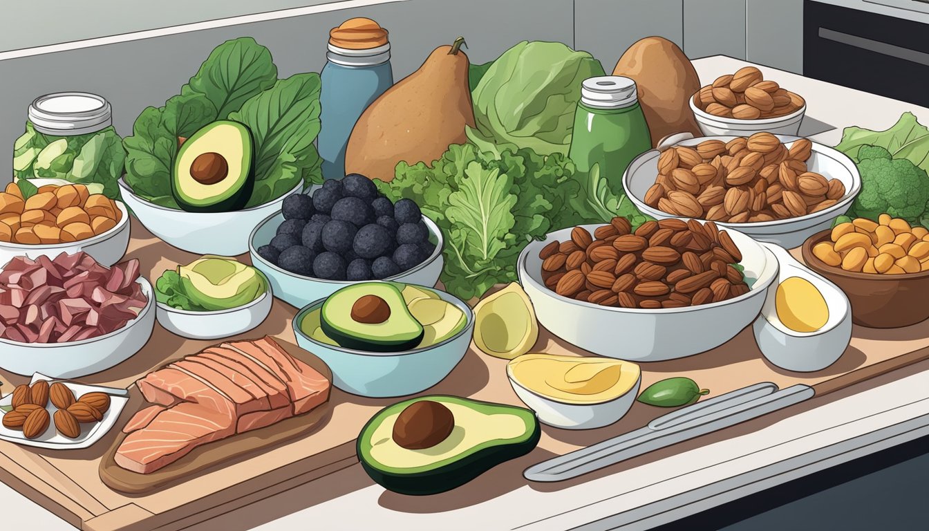 A colorful array of keto-friendly foods, including leafy greens, avocados, nuts, and lean meats, arranged on a clean, modern kitchen counter