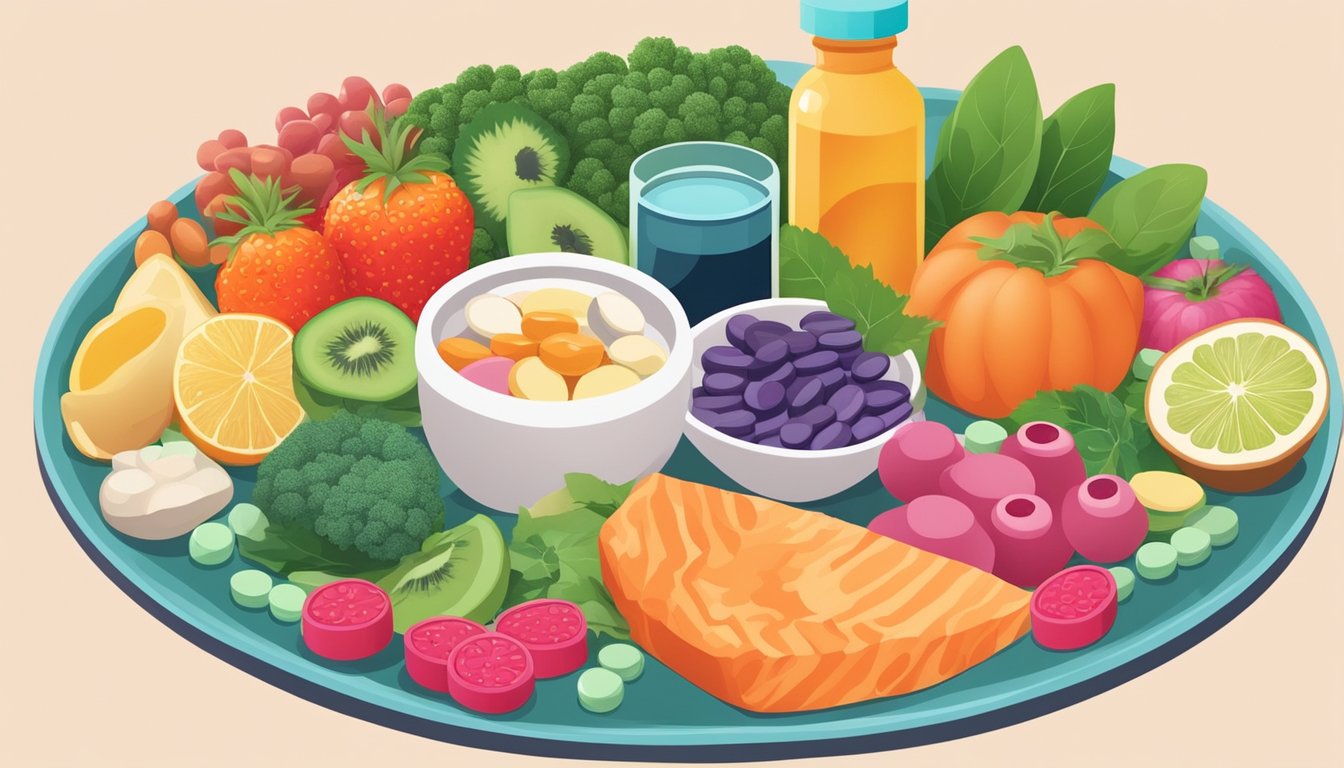 A colorful plate of anti-inflammatory foods surrounded by pills and supplements