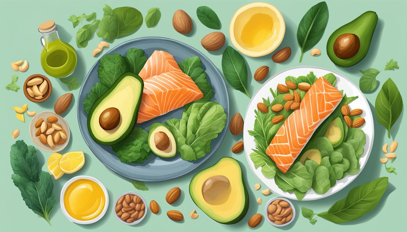 A colorful plate with keto-friendly foods like avocados, leafy greens, nuts, and salmon, surrounded by anti-inflammatory ingredients like turmeric and ginger