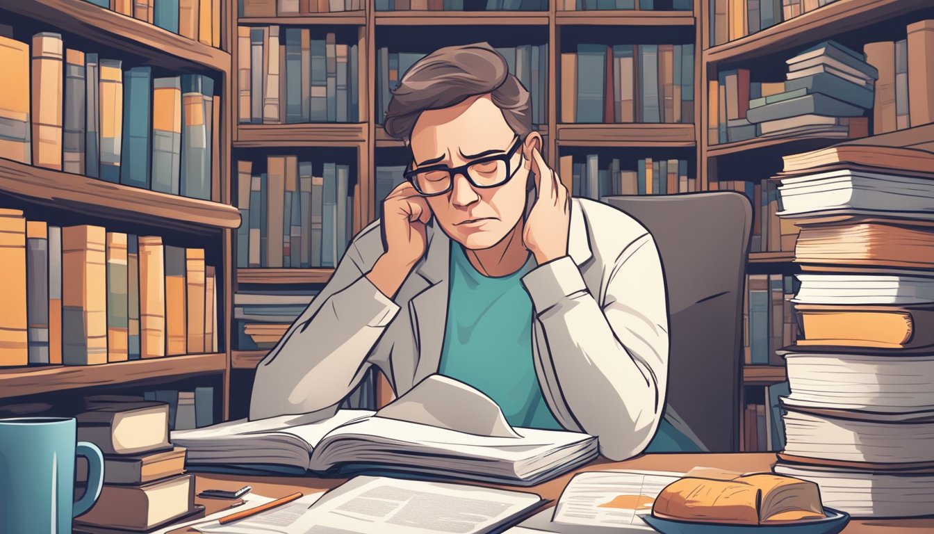 A person researching keto diet and rheumatoid arthritis, surrounded by medical books and papers, with a concerned expression