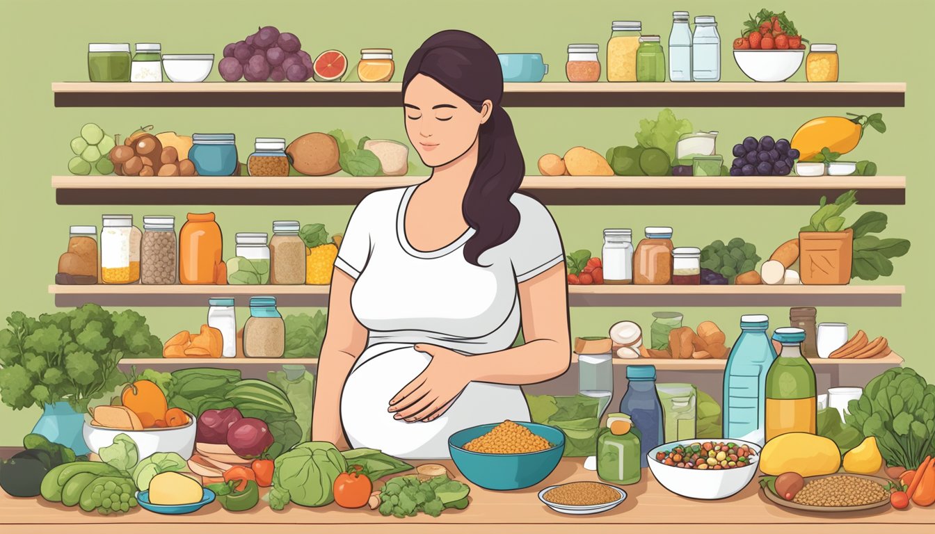 A pregnant woman carefully planning a balanced keto meal, surrounded by a variety of nutrient-rich foods and supplements