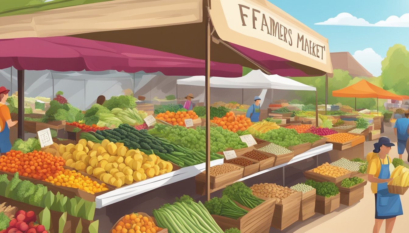 A vibrant farmers market with an array of colorful, organic vegetables and fruits, a variety of nuts and seeds, and sustainable packaging options