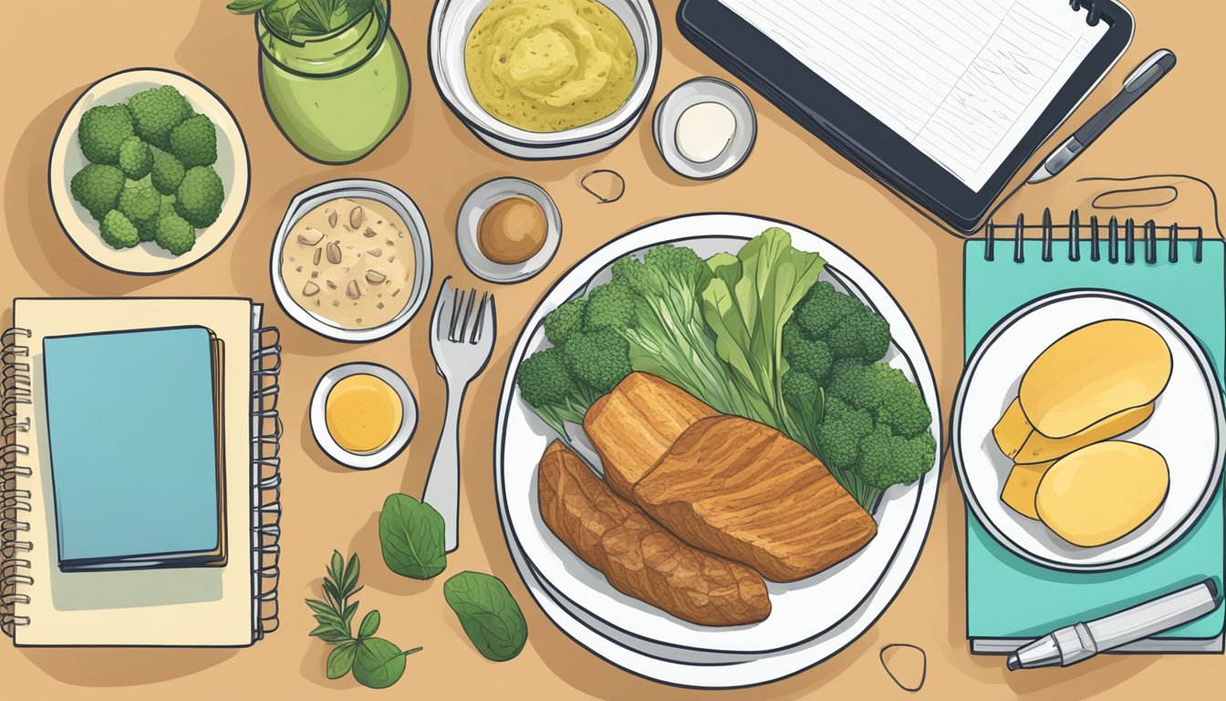 A kitchen table with a plate of keto-friendly foods and a notebook with notes on PCOS management