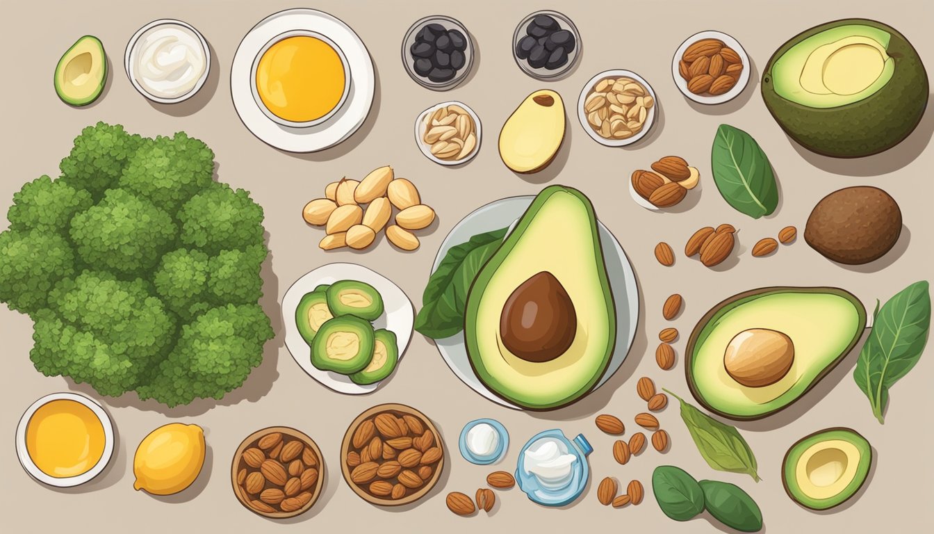 A table with various keto-friendly foods like avocado, nuts, and low-carb vegetables. A person holding an EpiPen nearby