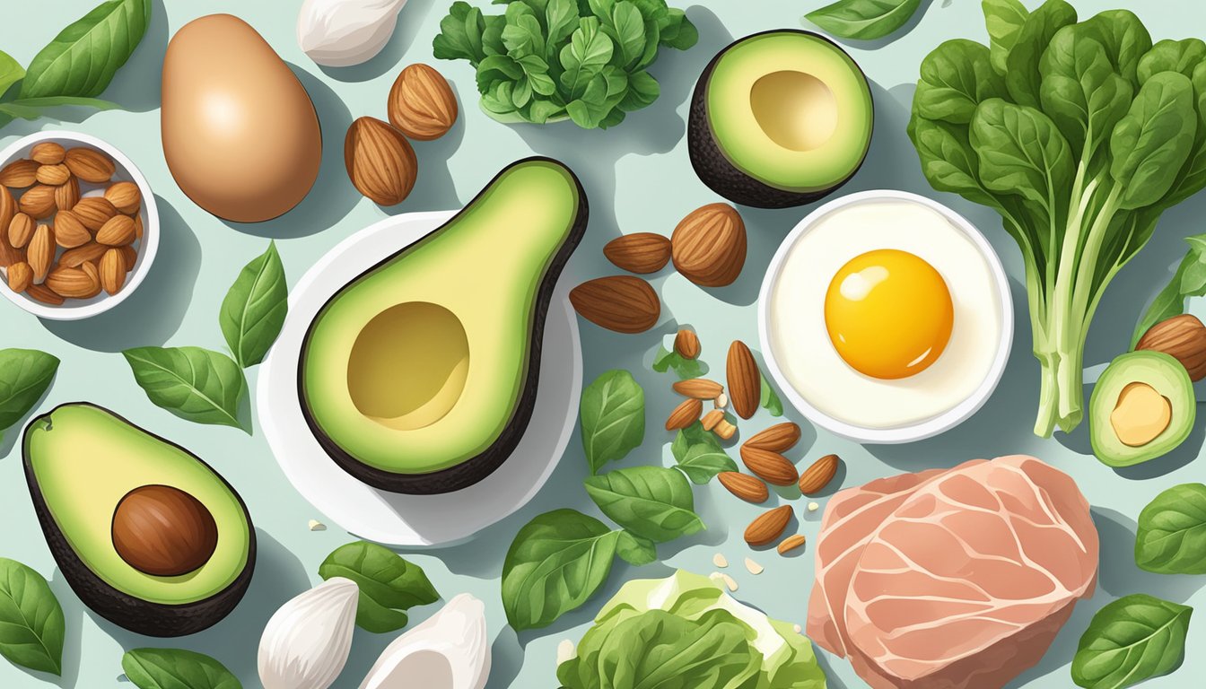 A kitchen counter with a variety of nut-free keto ingredients such as avocados, leafy greens, eggs, and lean meats