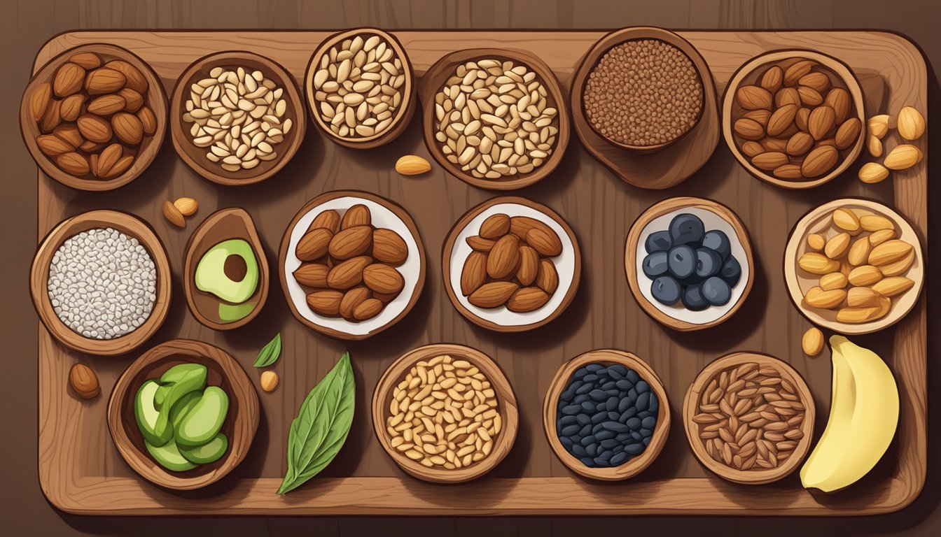 A variety of alternative protein sources for a keto diet, including nuts and seeds, arranged on a wooden cutting board