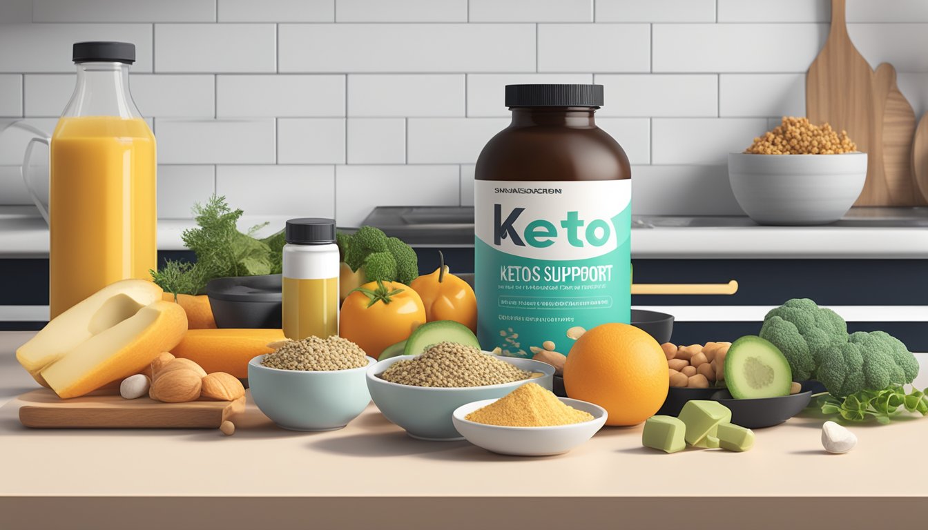 A kitchen counter with a variety of keto-friendly foods and supplements, alongside a bottle of joint support vitamins, with a focus on healthy, anti-inflammatory options