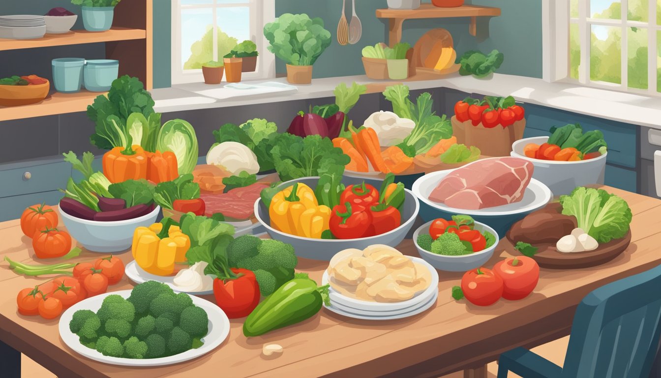 A kitchen table with a variety of fresh vegetables, lean meats, and healthy fats, along with a bookshelf filled with resources on the keto diet and osteoarthritis