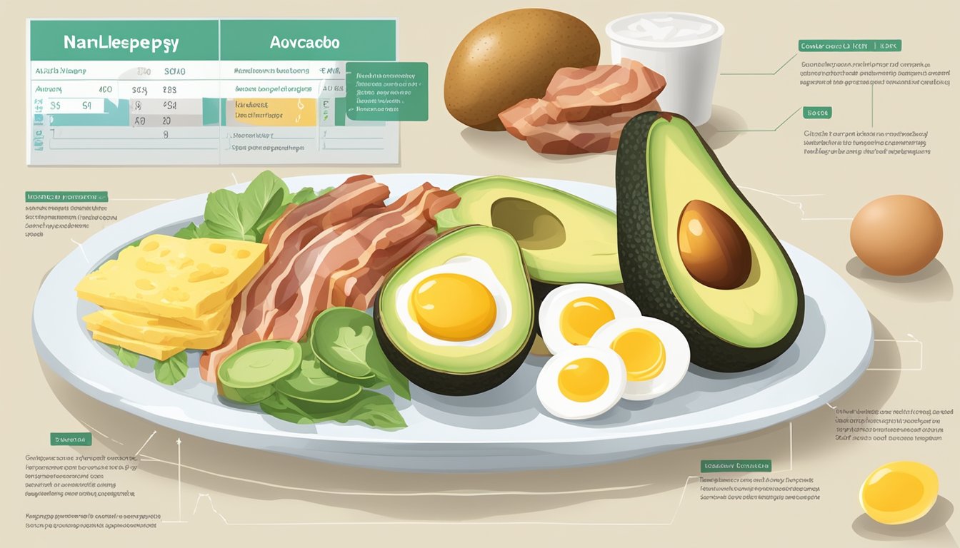 A plate with low-carb, high-fat foods like avocados, eggs, and bacon next to a medical chart showing improved narcolepsy symptoms