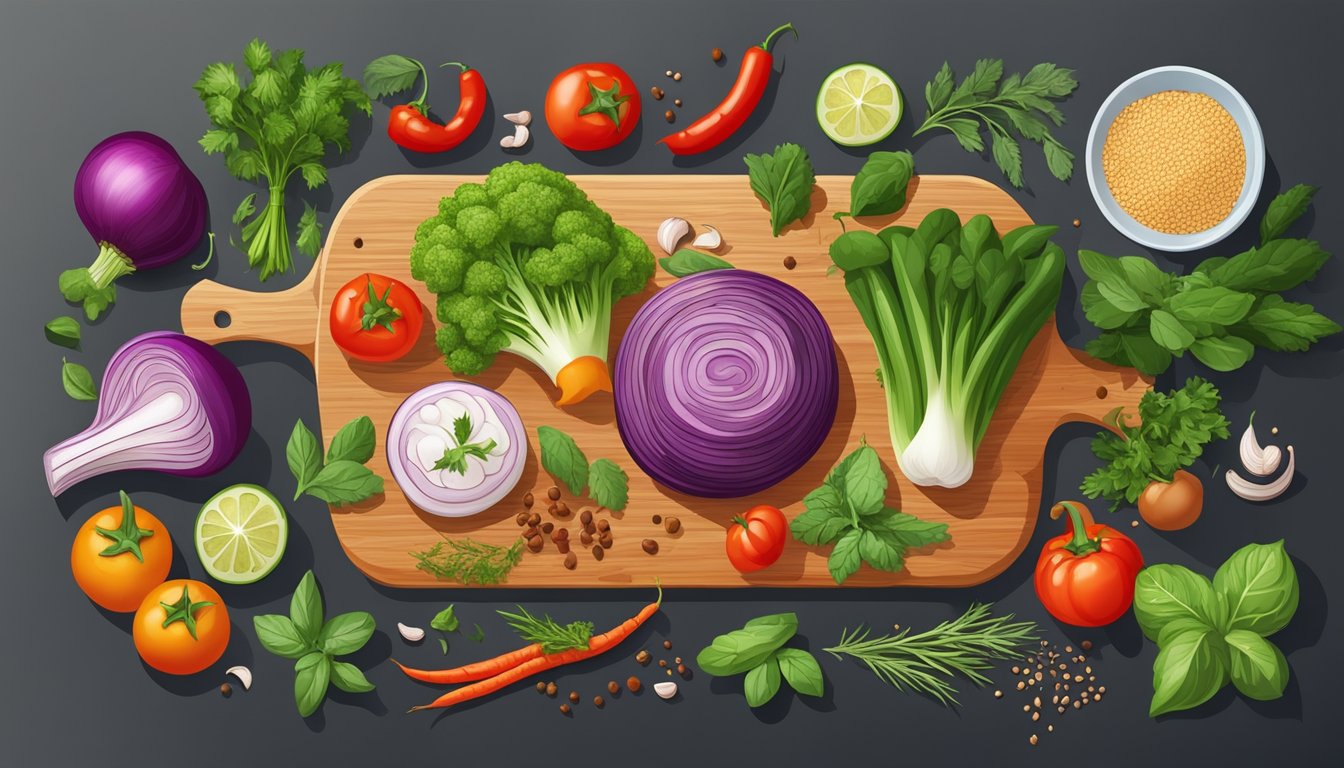 A colorful array of fresh vegetables and lean proteins arranged on a wooden cutting board, surrounded by vibrant herbs and spices