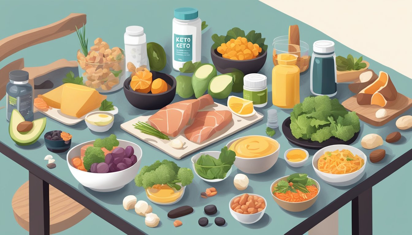 A table filled with keto-friendly foods and supplements, surrounded by a variety of joint-friendly exercises and stretches