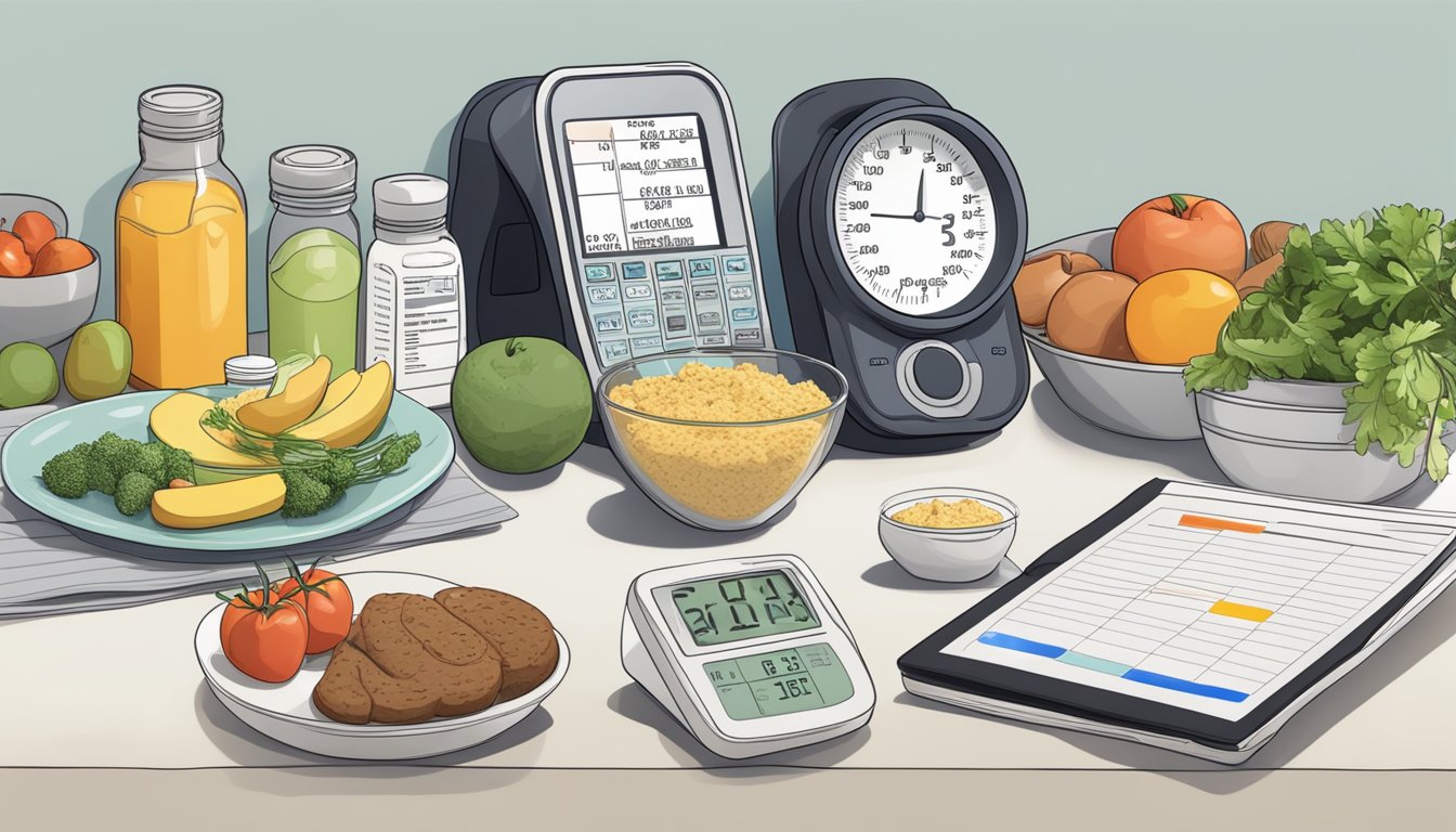 A kitchen counter with a keto meal plan, blood pressure monitor, and lupus medication