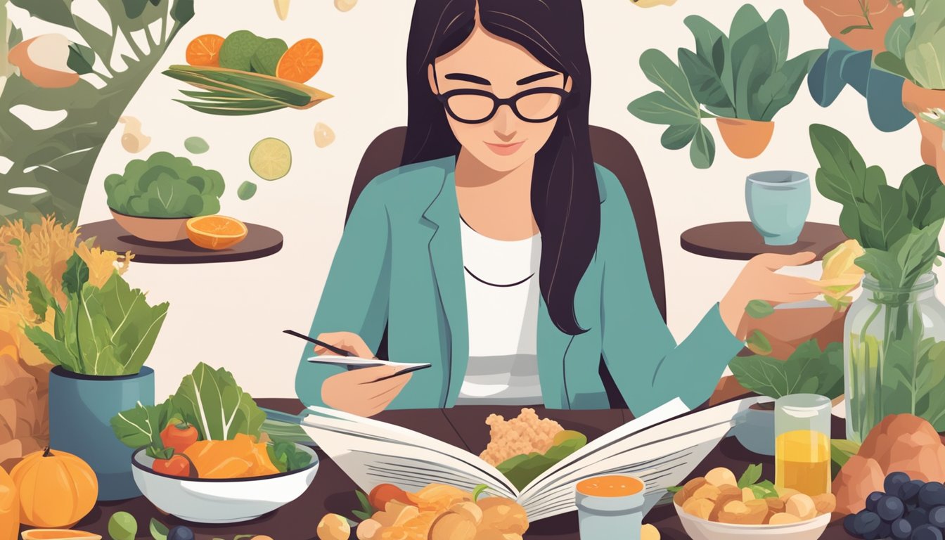 A person reading a book while enjoying a keto-friendly meal, surrounded by brain-boosting foods and supplements, with a peaceful and focused expression