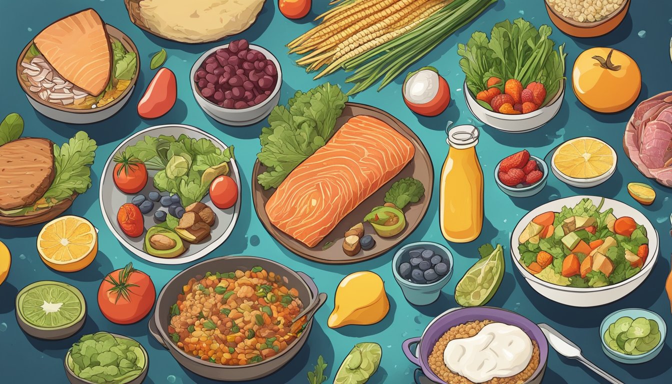 A colorful illustration of a keto-friendly meal surrounded by various foods that promote gut health, with a contrasting image of a damaged gut lining to represent the risks of leaky gut syndrome