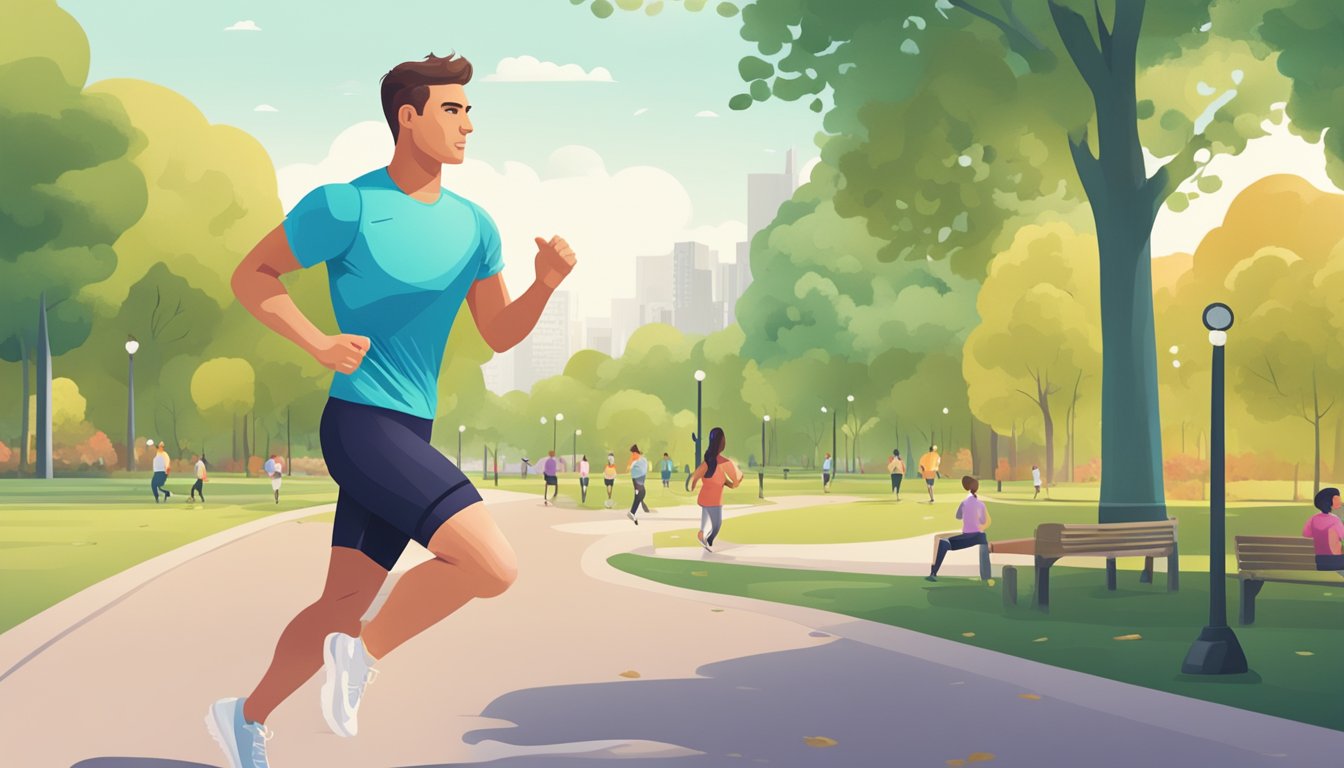 A person jogging through a park with a keto-friendly meal and a genetic test result in hand