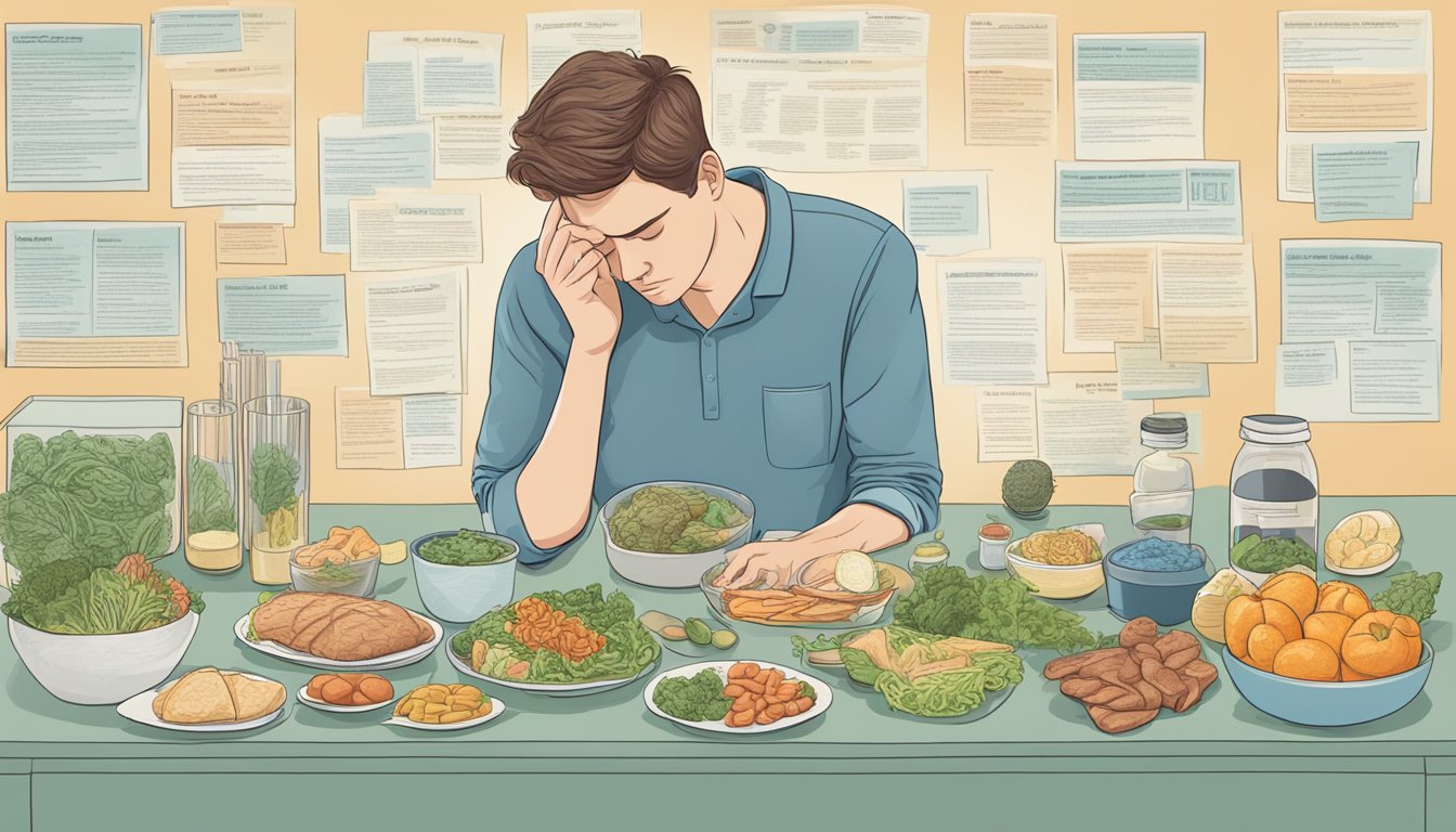 A person with multiple sclerosis contemplates a keto diet, surrounded by conflicting information and considerations