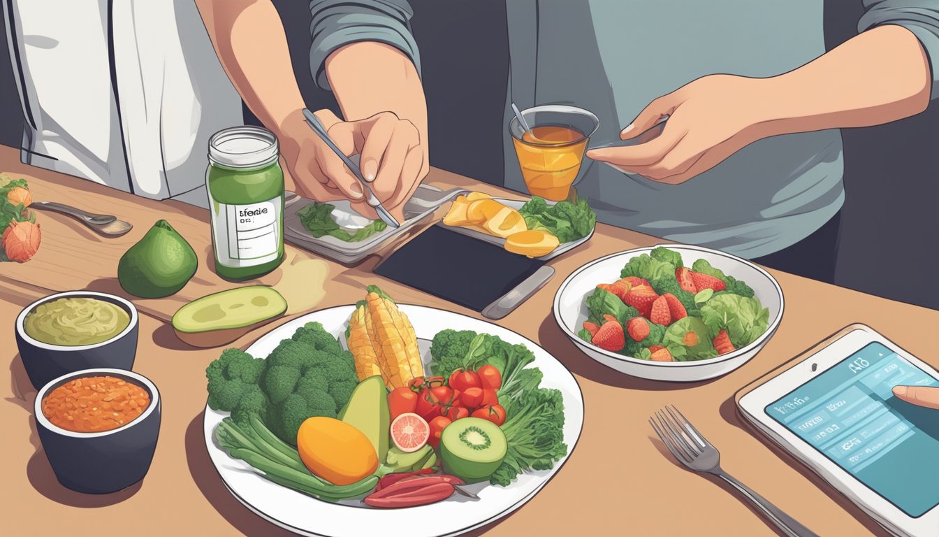 A table with keto-friendly foods, a nutrition label, and a person checking their blood sugar level