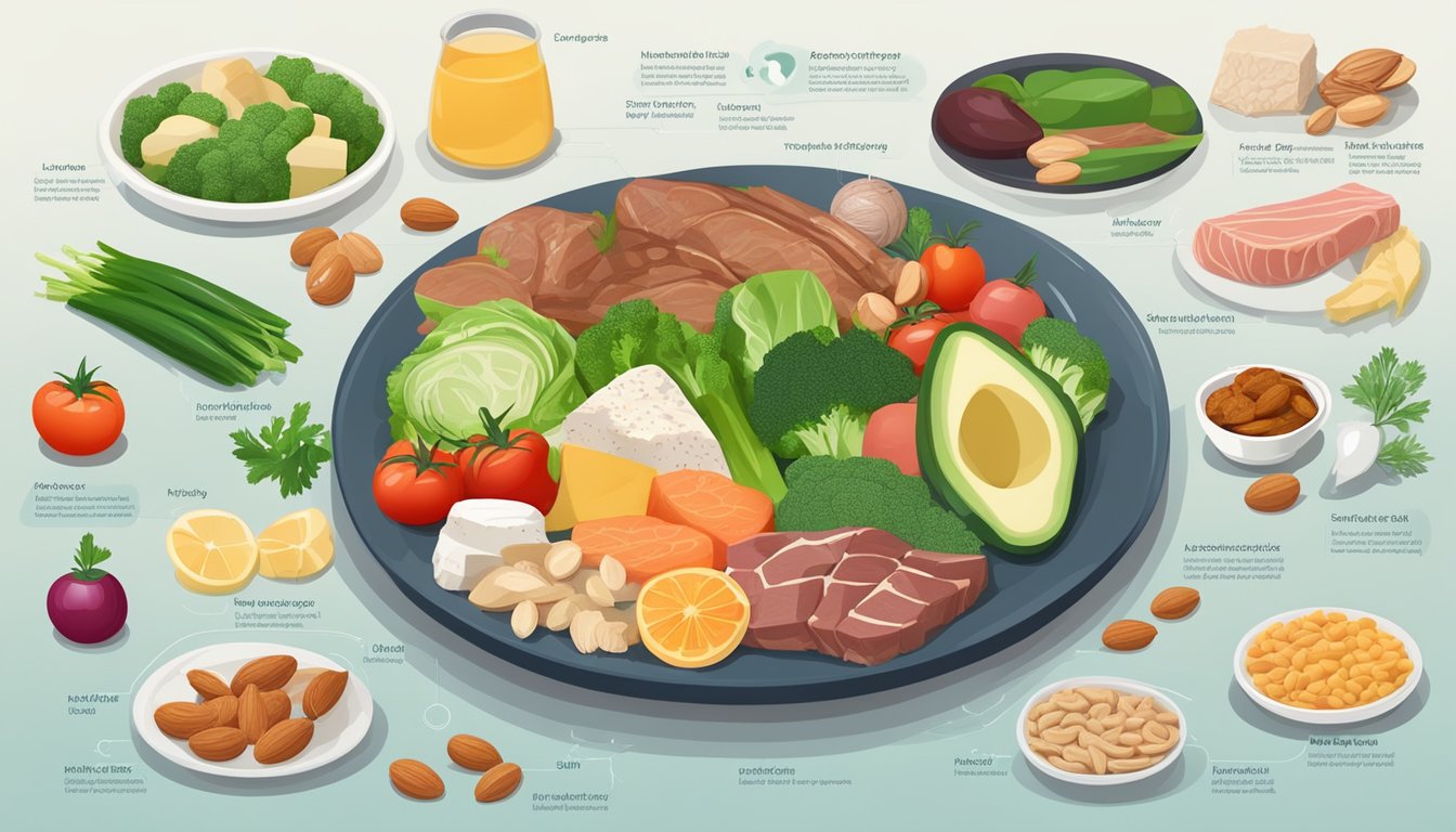 A plate with a variety of keto-friendly foods, including vegetables, nuts, and lean meats, surrounded by medical charts and diagrams