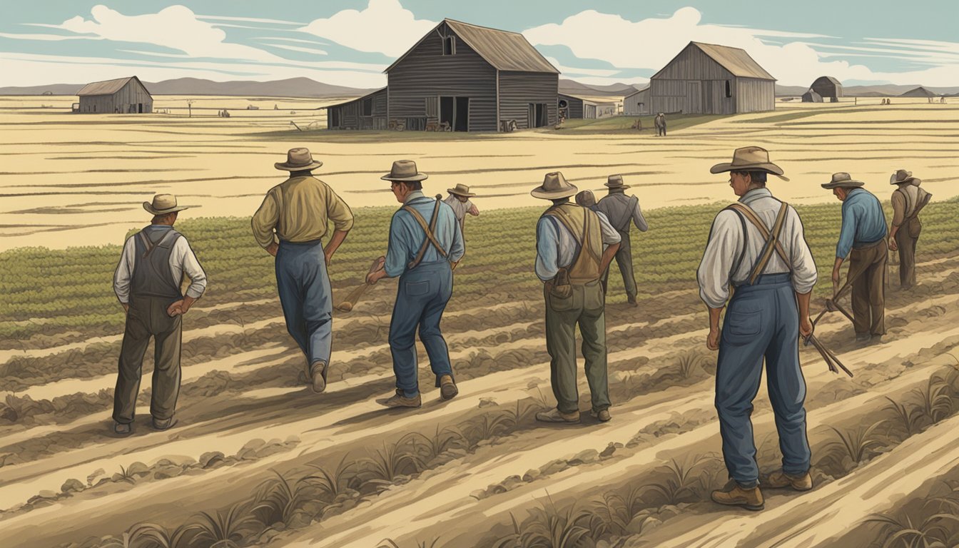 A group of German-Texan farmers struggle in their fields during the Great Depression, with barren land and empty barns in the background