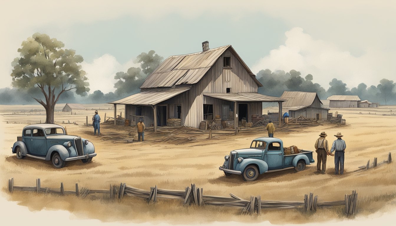 A German Texan family's small farm during the Great Depression, with barren fields and a worn-out farmhouse surrounded by economic hardship