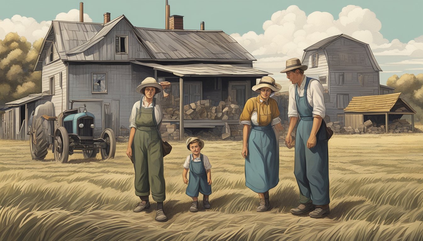 A German Texan family struggles on their farm during the Great Depression, juxtaposed with modern city skyscrapers in the background