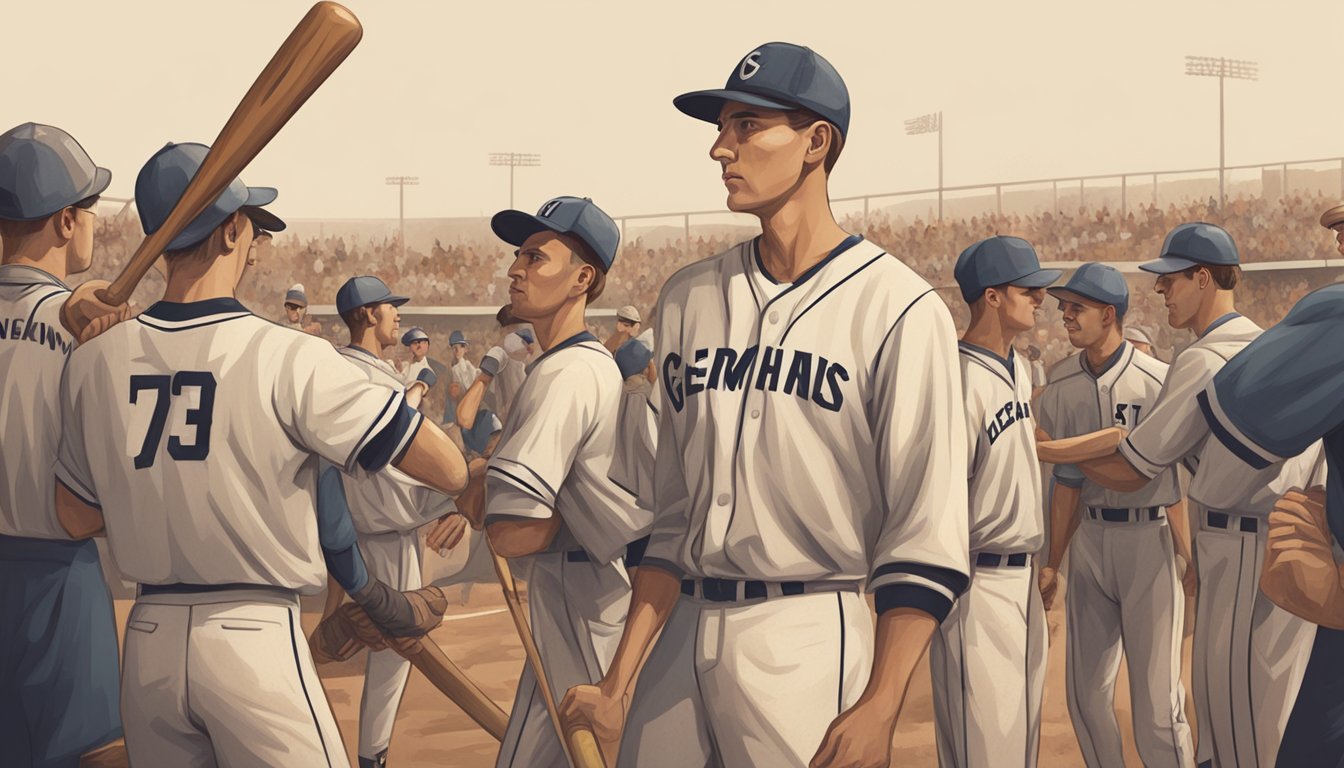 A group of German Texan baseball players gather on a dusty field, wearing vintage uniforms and wielding wooden bats. A crowd of spectators cheers from the bleachers