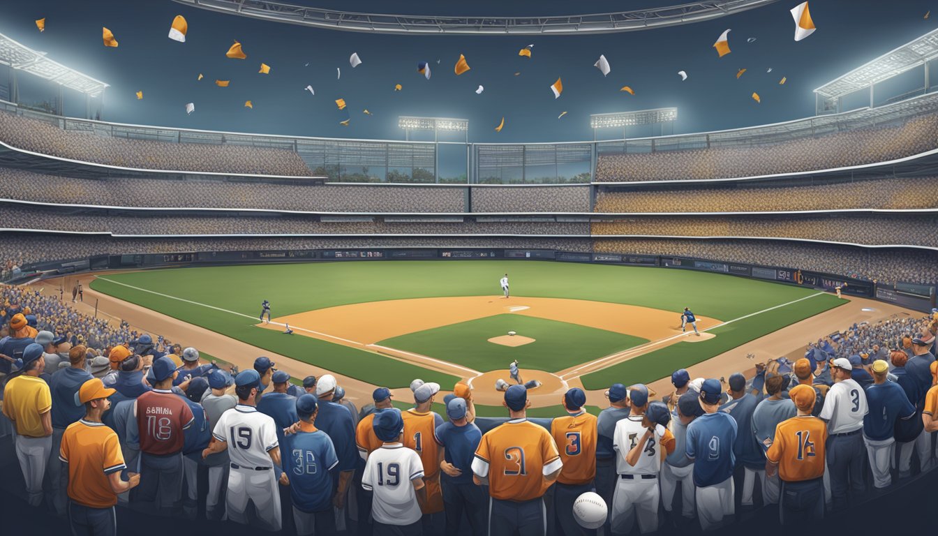 A baseball field with players in German and Texan team uniforms, surrounded by cheering fans in the stands