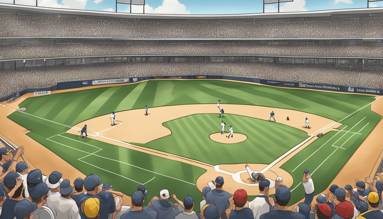 A baseball field filled with players in German Texan team uniforms, with fans cheering from the stands