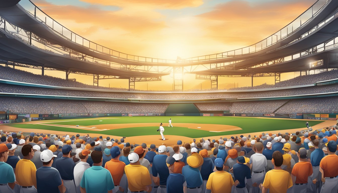 A baseball field with two teams, one representing Germany and the other Texas, playing in a championship game with changing seasonal backdrops