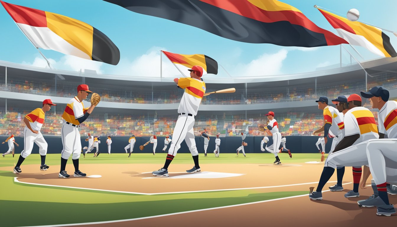 Players in colorful uniforms practice on a baseball field while coaches oversee drills. Flags of Germany and Texas fly in the background