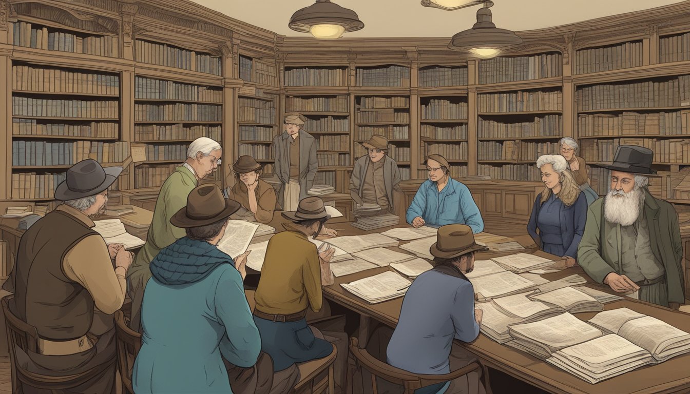 A group of people gather in a library, poring over old documents and family trees, while others chat and exchange information about German Texan genealogy