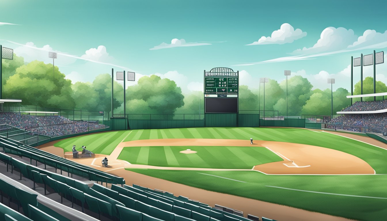 A baseball field with bleachers, dugouts, and a scoreboard surrounded by green grass and a fence