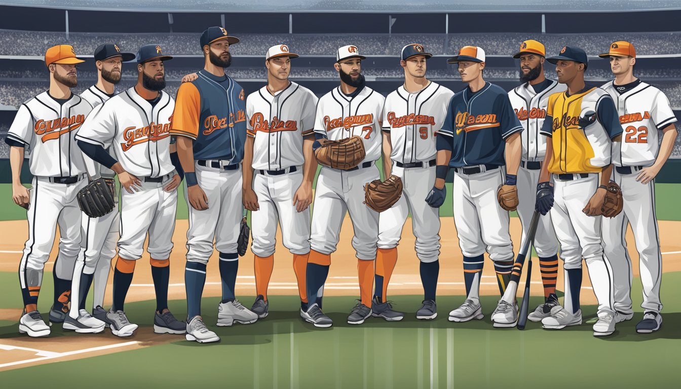 A baseball field with players wearing a mix of German and Texan team uniforms, showcasing the fusion of cultures in current baseball trends