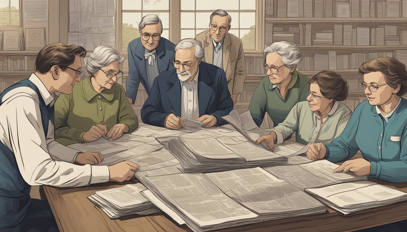 A group of people gather around a table filled with genealogy records, maps, and historical documents. They are discussing and supporting German Texan ancestry research